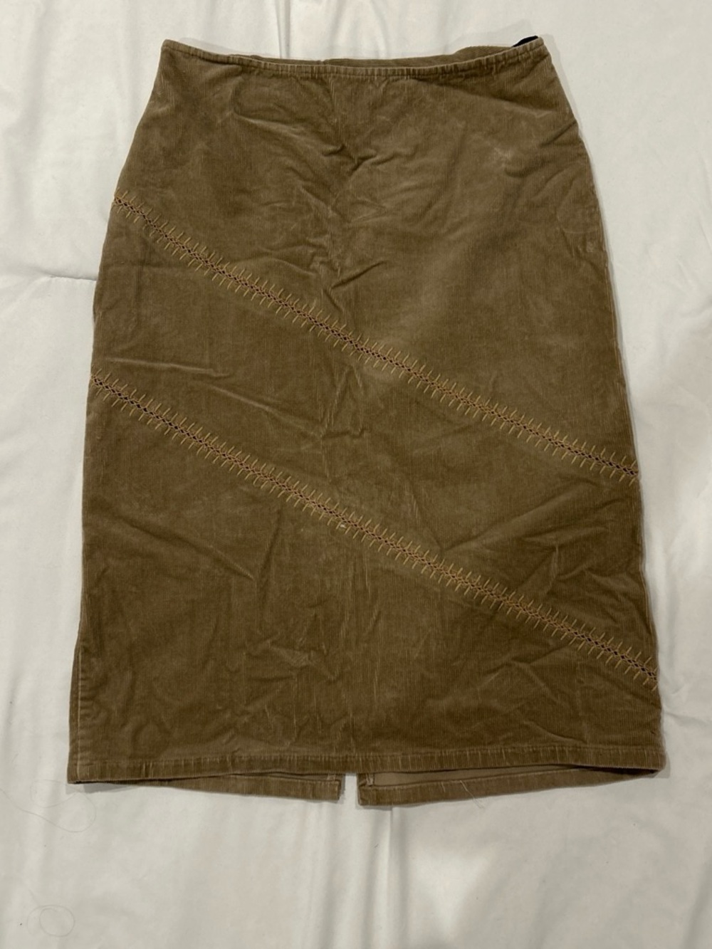 Corduroy Midi Skirt in Brown with Diagonal Stitch Detail